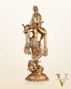 Brass Krishna Standing on a Lotus Base – Pure Brass Unique Sculpture 19"