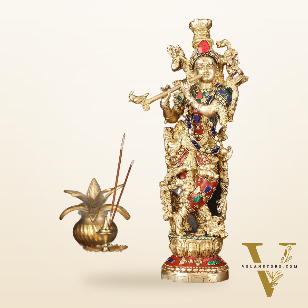 Brass Krishna Statue - 14" Handcrafted with Natural Stones