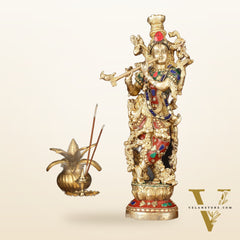 Brass Krishna Statue - 14" Handcrafted with Natural Stones