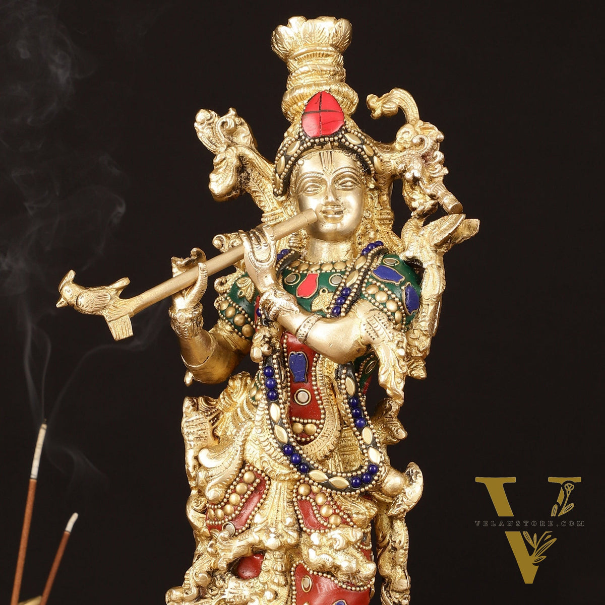 Brass Krishna Statue - 14" Handcrafted with Natural Stones