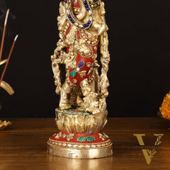Brass Krishna Statue - 14" Handcrafted with Natural Stones