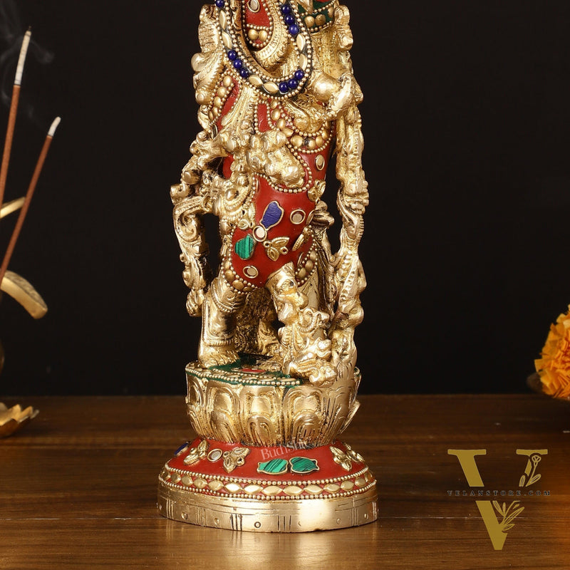 Brass Krishna Statue - 14" Handcrafted with Natural Stones