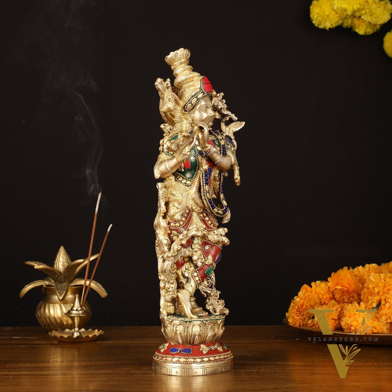 Brass Krishna Statue - 14" Handcrafted with Natural Stones
