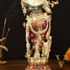 Brass Krishna Statue - 14" Handcrafted with Natural Stones