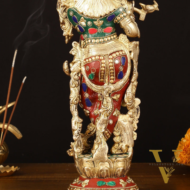 Brass Krishna Statue - 14" Handcrafted with Natural Stones