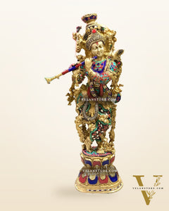 Brass Krishna Statue 29 inches | Studded with natural stones | Handcrafted in India