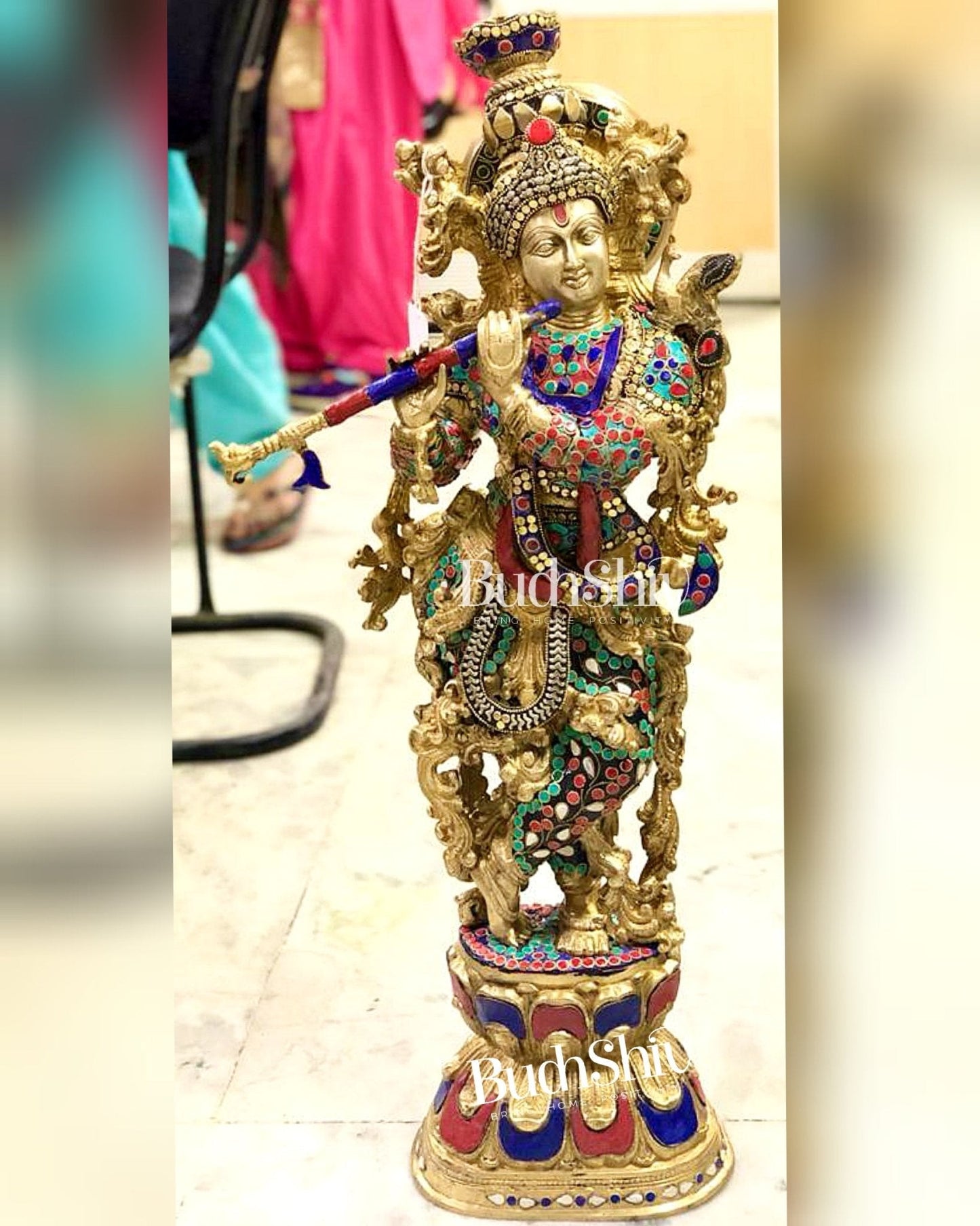 Brass Krishna Statue 29 inches | Studded with natural stones | Handcrafted in India