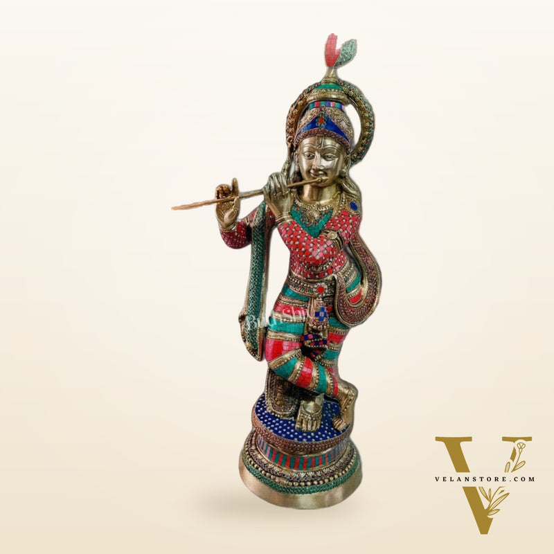 Brass Krishna Statue 3 feet with stonework