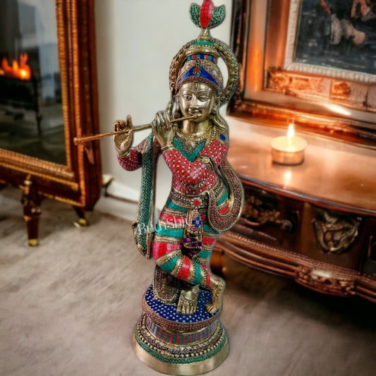 Brass Krishna Statue 3 feet with stonework