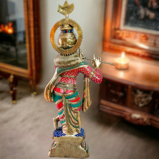 Brass Krishna Statue 3 feet with stonework