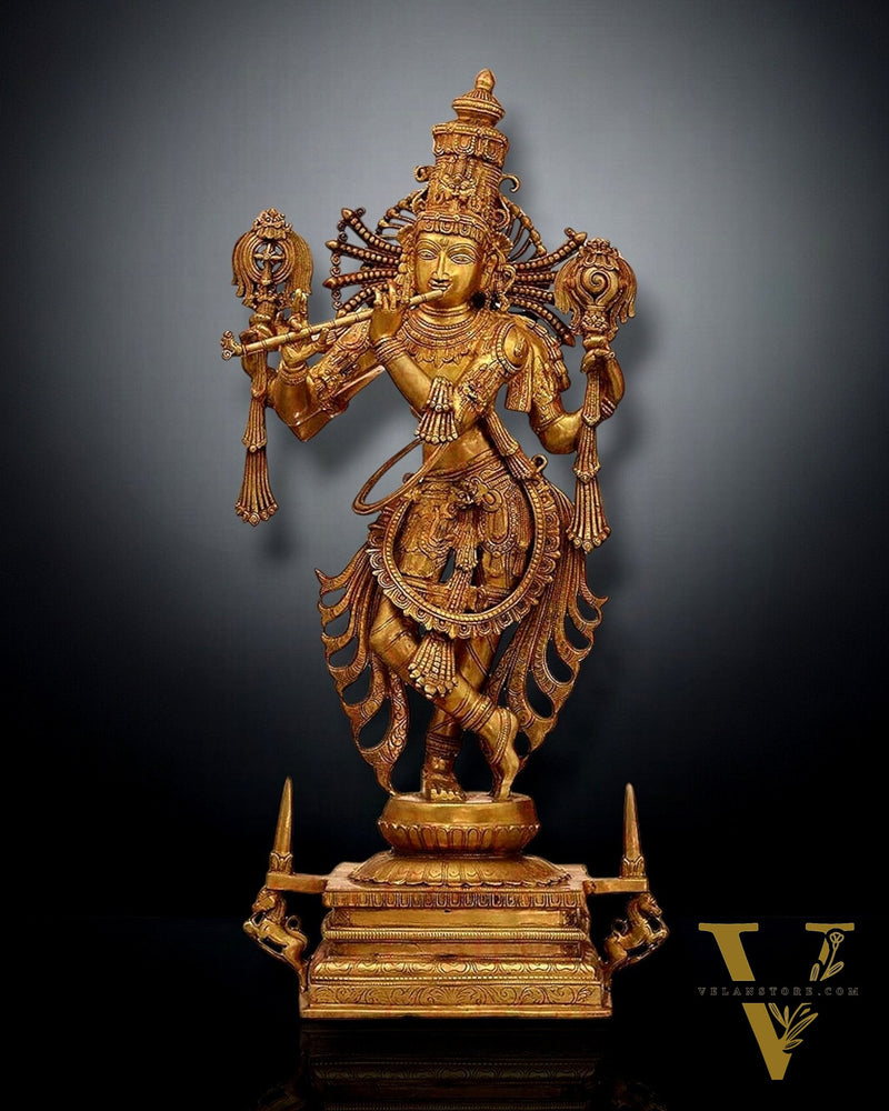 Brass Krishna Statue: Handcrafted Superfine Brass Idol 40"