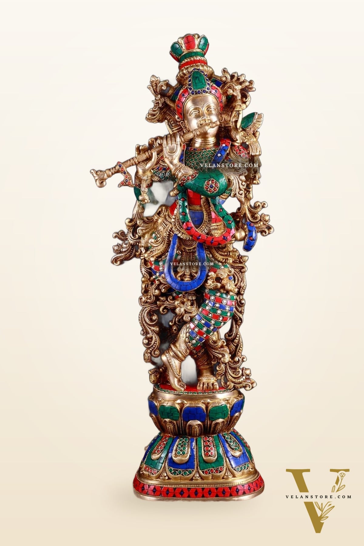 Brass Krishna statue large 30 inch with stonework