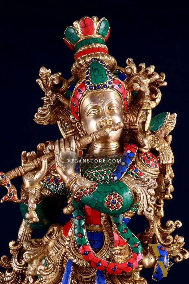 Brass Krishna statue large 30 inch with stonework