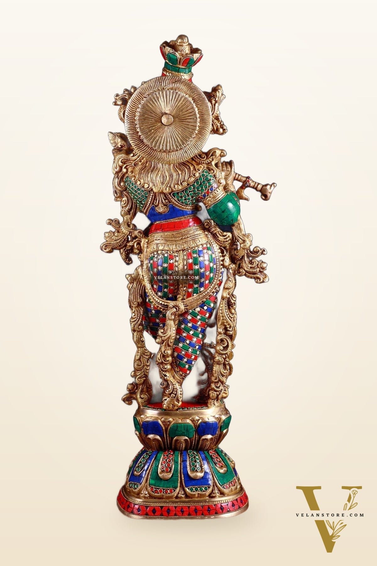 Brass Krishna statue large 30 inch with stonework