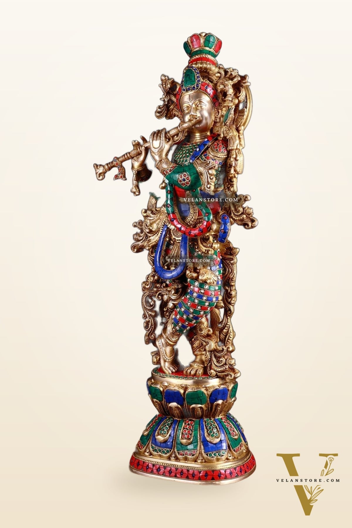Brass Krishna statue large 30 inch with stonework
