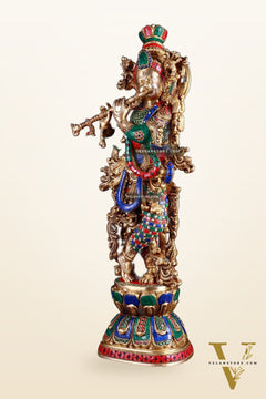Brass Krishna statue large 30 inch with stonework