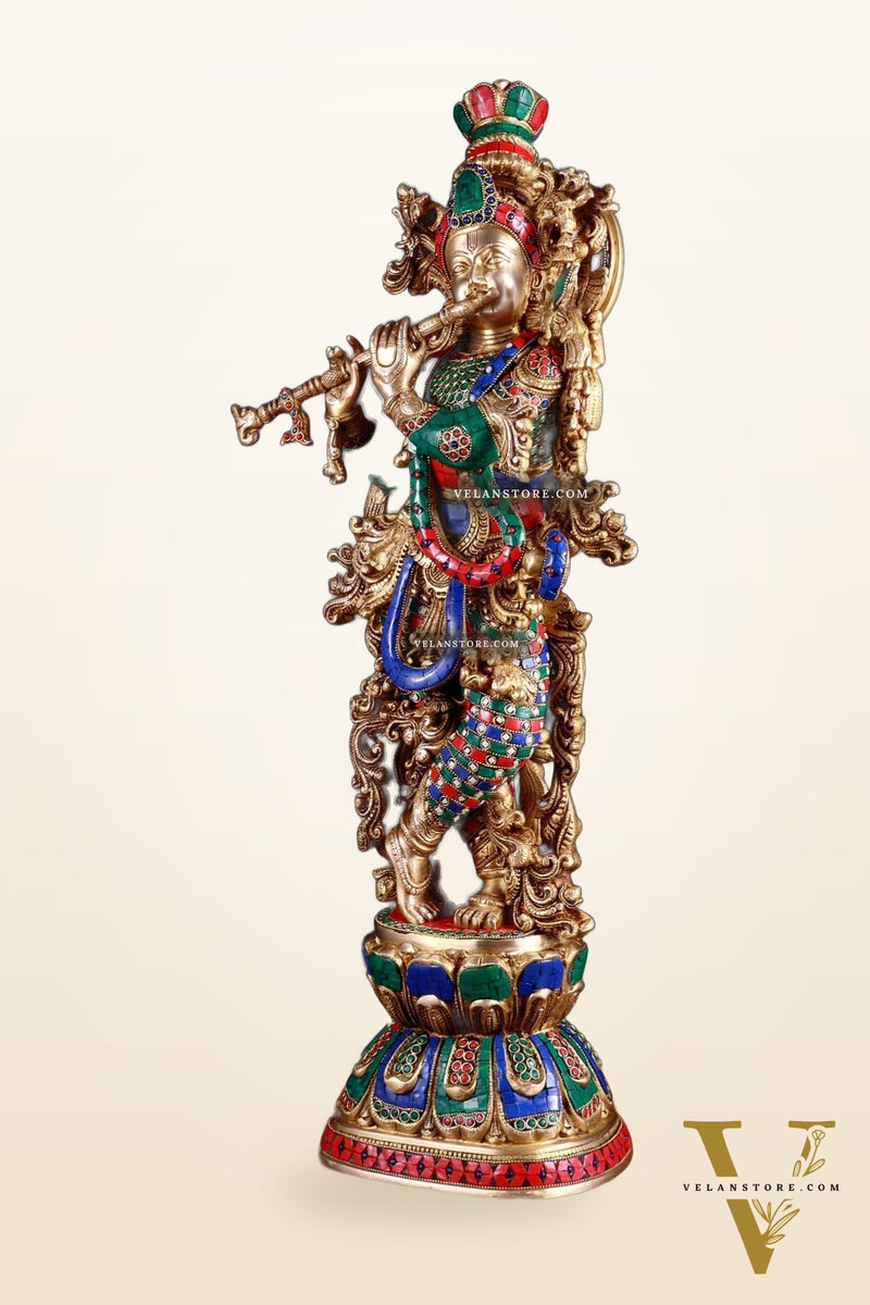 Brass Krishna statue large 30 inch with stonework