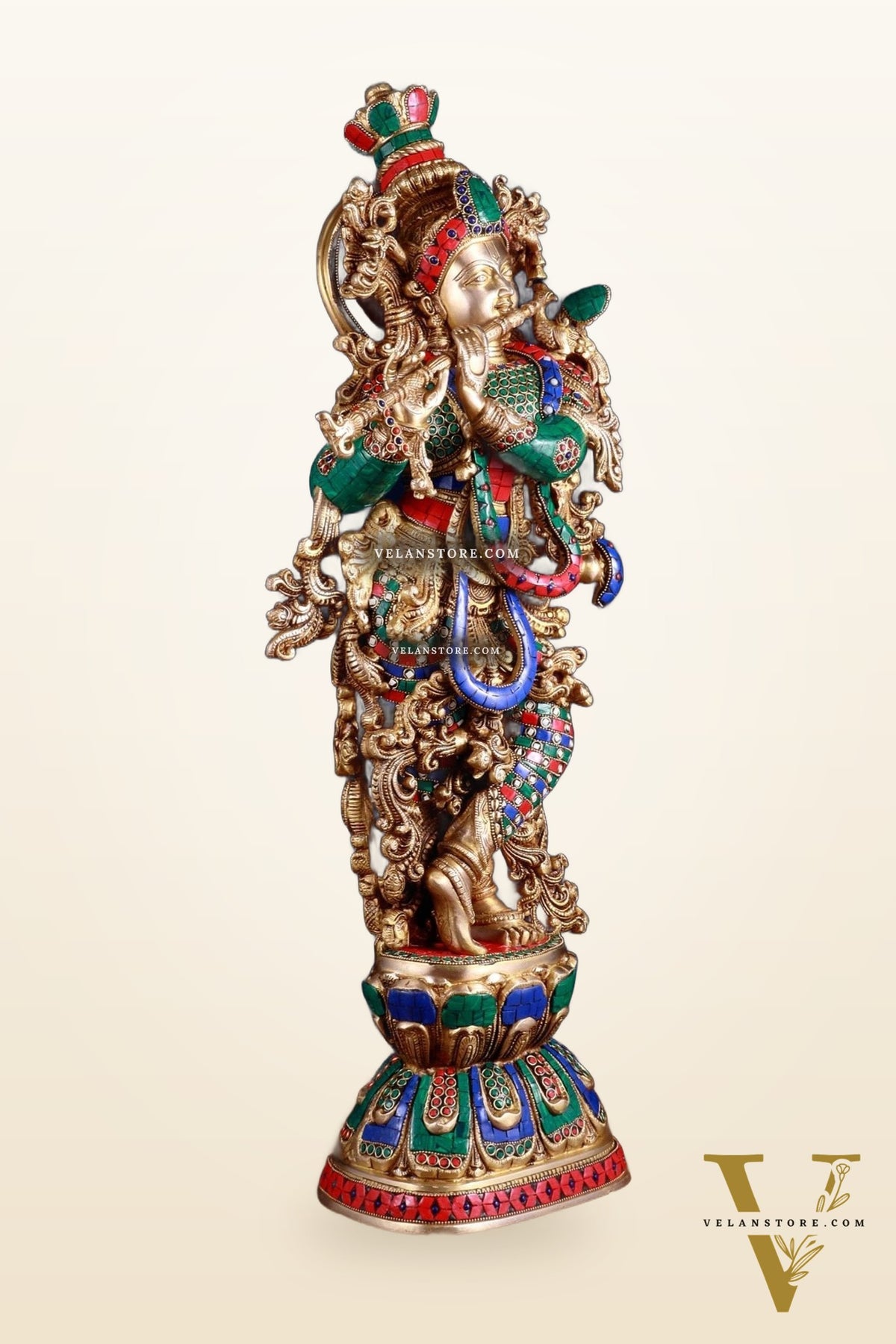Brass Krishna statue large 30 inch with stonework