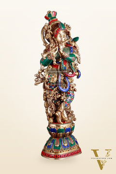 Brass Krishna statue large 30 inch with stonework