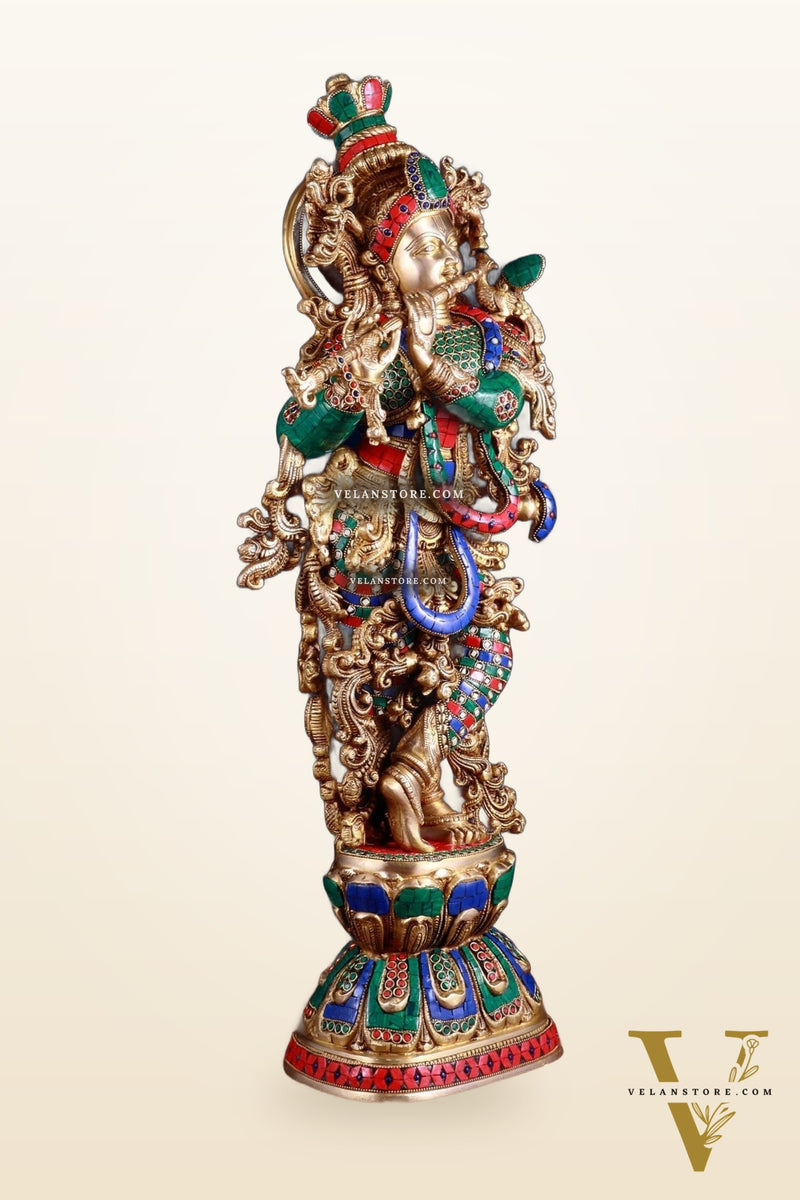 Brass Krishna statue large 30 inch with stonework