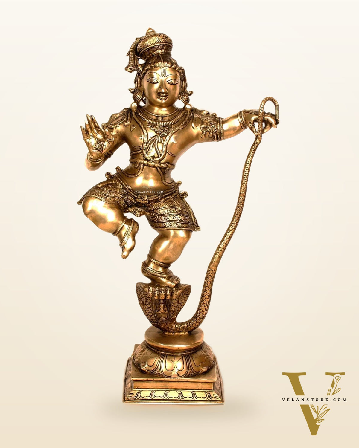 Brass Krishna Statue on Kaliya Naaga – Chola Inspired Kalinga Narthana Sculpture 35 inch