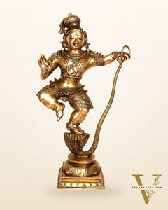 Brass Krishna Statue on Kaliya Naaga – Chola Inspired Kalinga Narthana Sculpture 35 inch