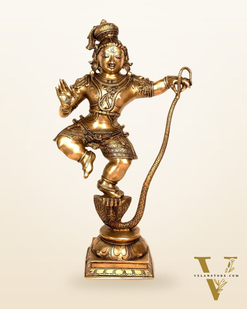Brass Krishna Statue on Kaliya Naaga – Chola Inspired Kalinga Narthana Sculpture 35 inch