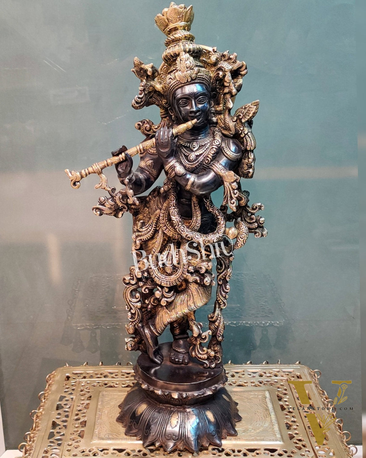Brass krishna statue on lotus base 26" Black gold