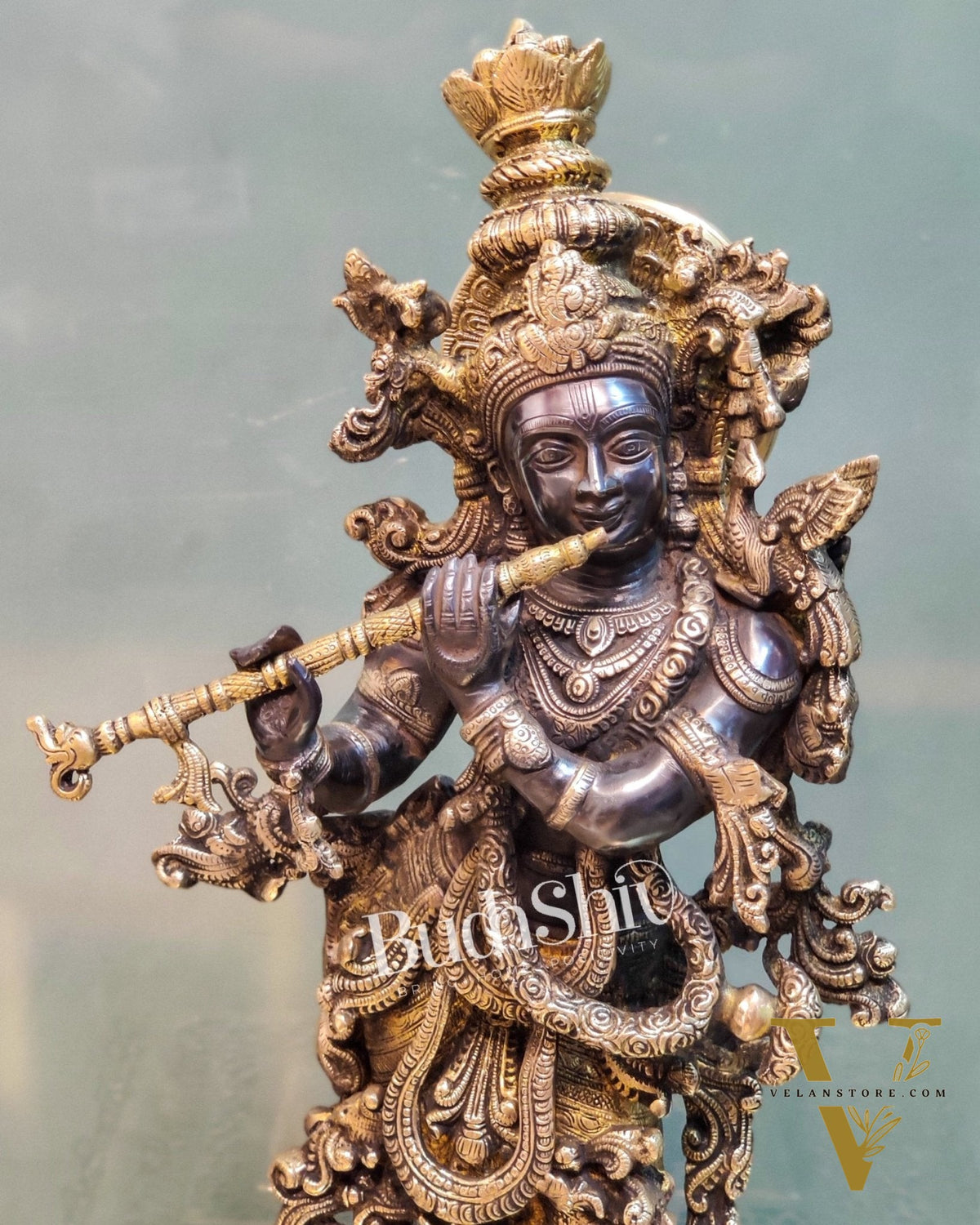 Brass krishna statue on lotus base 26" Black gold
