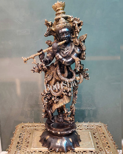 Brass krishna statue on lotus base 26" Black gold