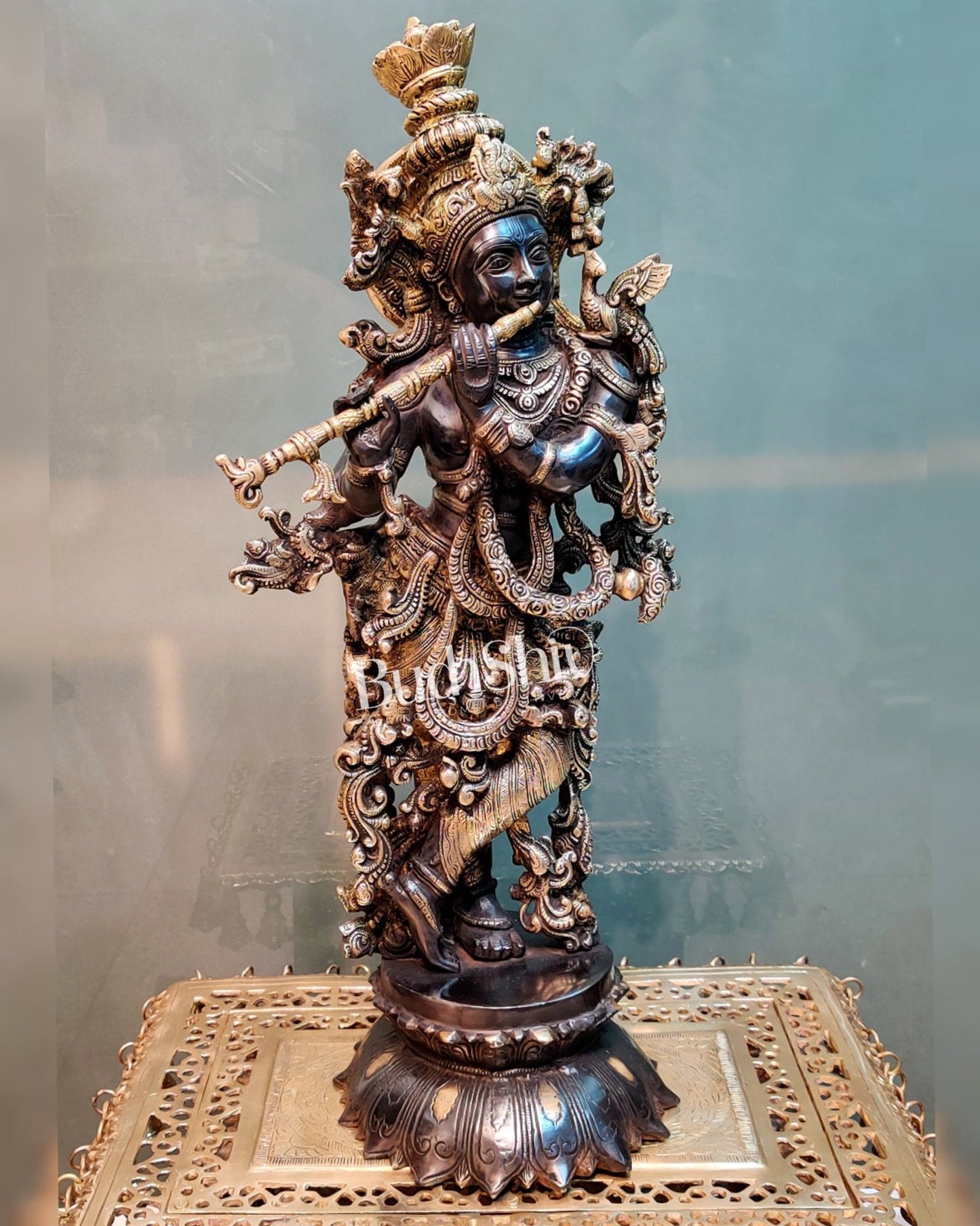 Brass krishna statue on lotus base 26" Black gold