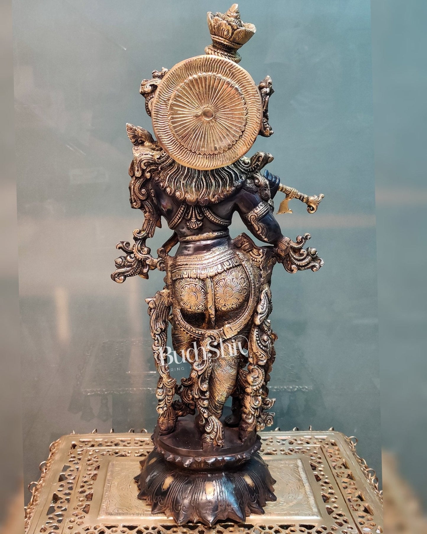 Brass krishna statue on lotus base 26" Black gold