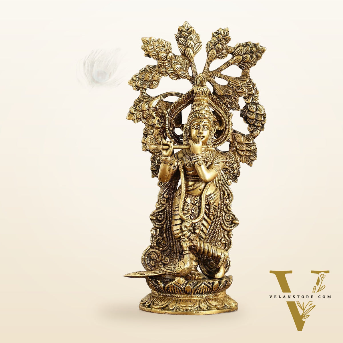 Brass Krishna Statue with Kalpavriksha - 15 Inch
