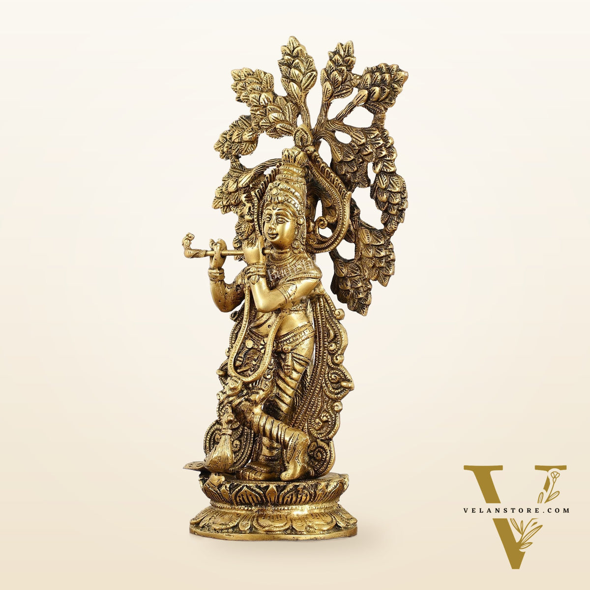 Brass Krishna Statue with Kalpavriksha - 15 Inch