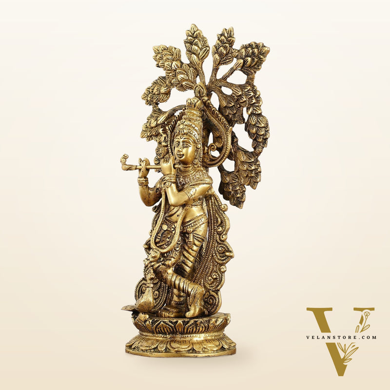 Brass Krishna Statue with Kalpavriksha - 15 Inch