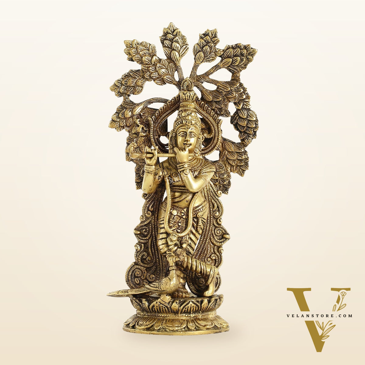 Brass Krishna Statue with Kalpavriksha - 15 Inch
