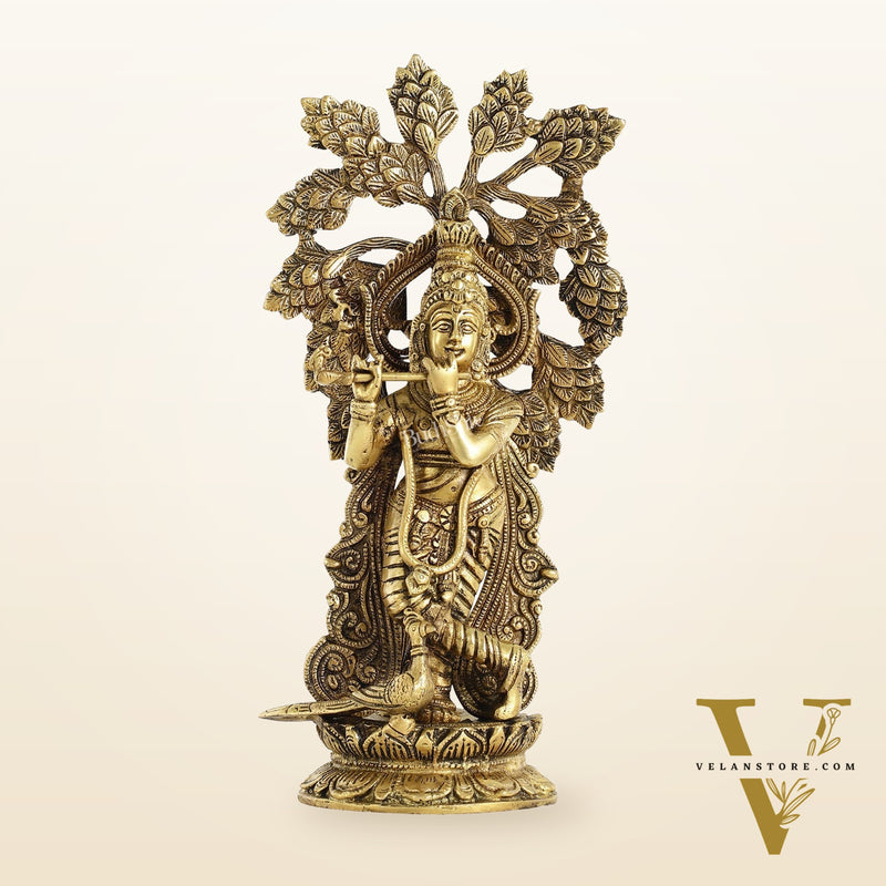Brass Krishna Statue with Kalpavriksha - 15 Inch