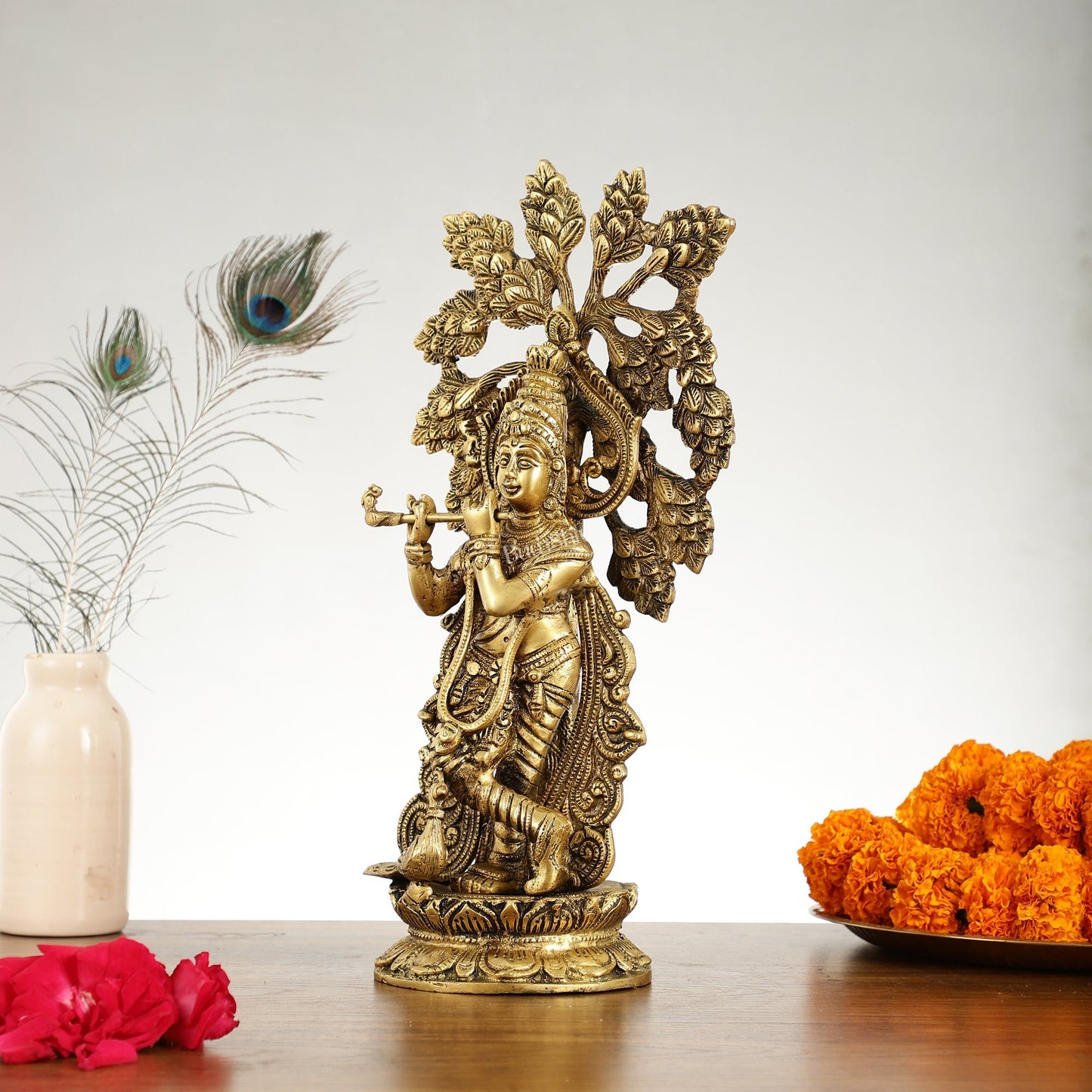 Brass Krishna Statue with Kalpavriksha - 15 Inch