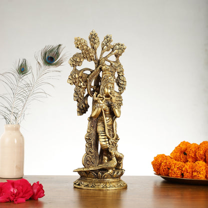 Brass Krishna Statue with Kalpavriksha - 15 Inch