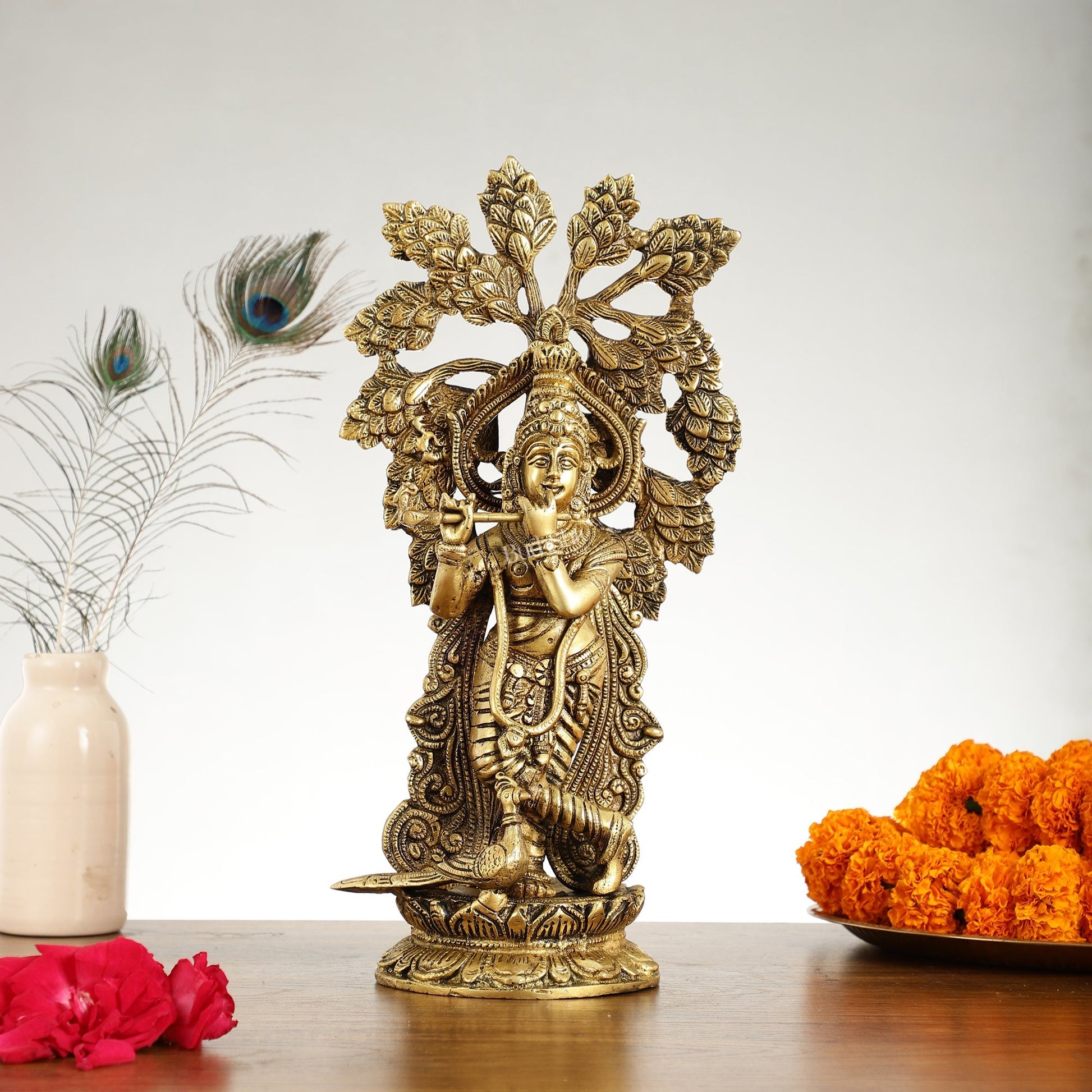 Brass Krishna Statue with Kalpavriksha - 15 Inch