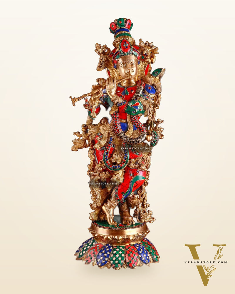 Brass Krishna Statue with Lotus Base | 27 Inch