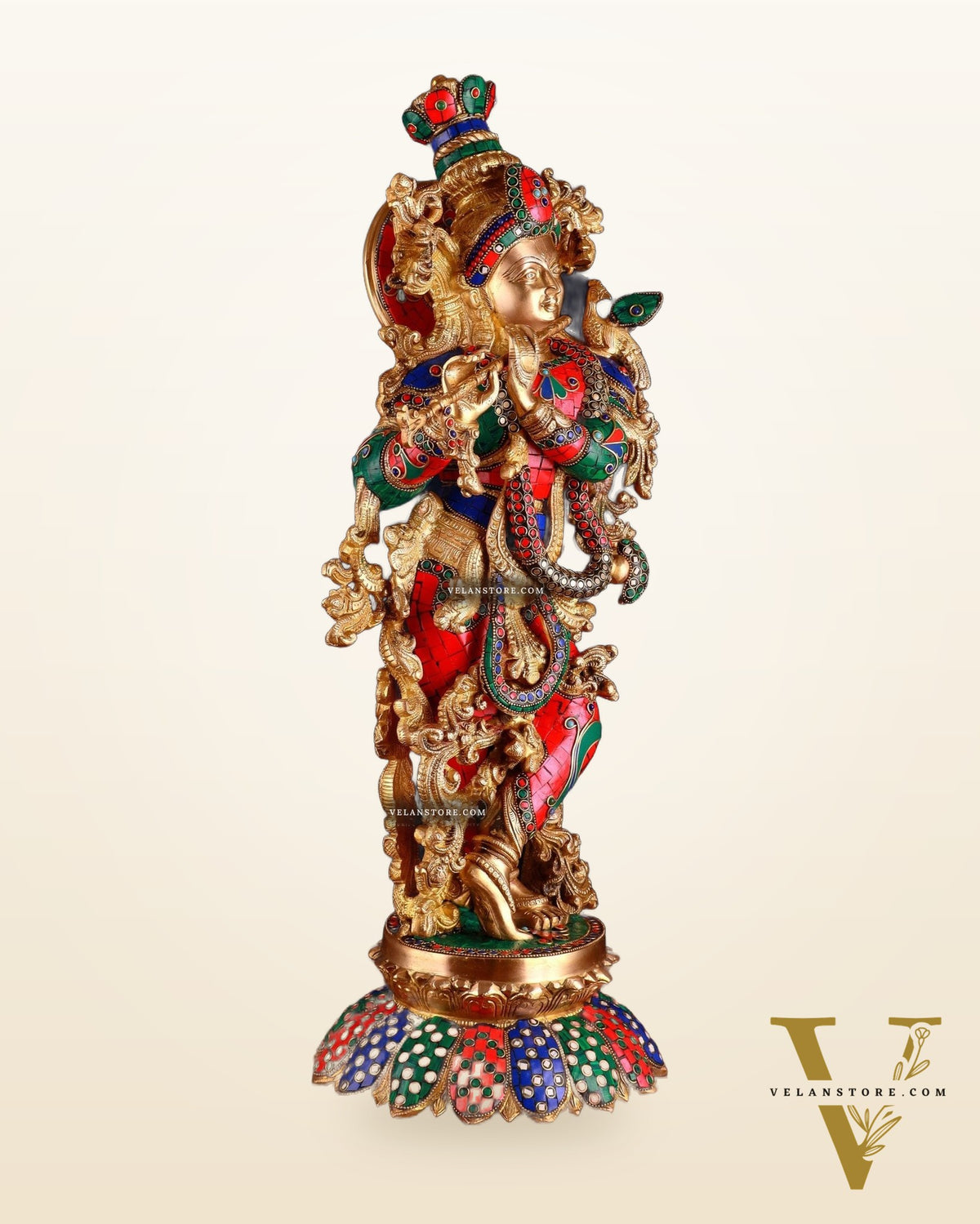 Brass Krishna Statue with Lotus Base | 27 Inch
