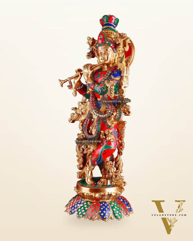 Brass Krishna Statue with Lotus Base | 27 Inch