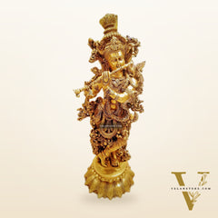 Brass Krishna Statue with Lotus Base | 27 Inches
