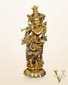 Brass Krishna Statue with Lotus Base | 27 Inches