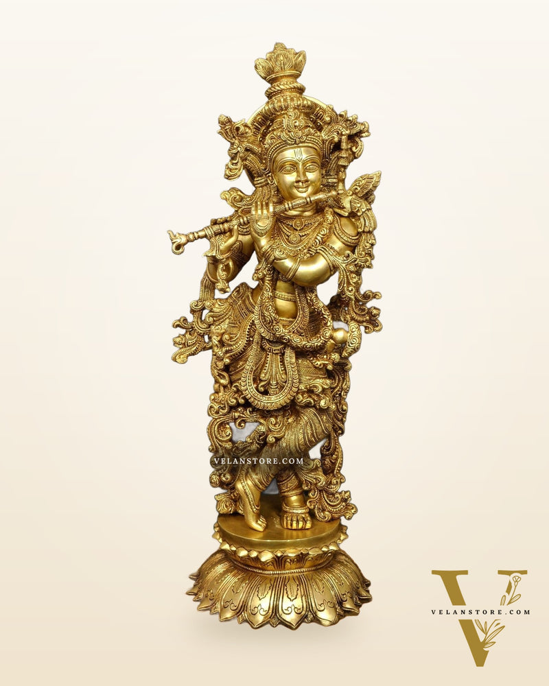 Brass Krishna Statue with Lotus Base | 27 Inches