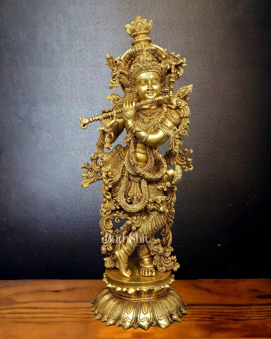 Brass Krishna Statue with Lotus Base | 27 Inches