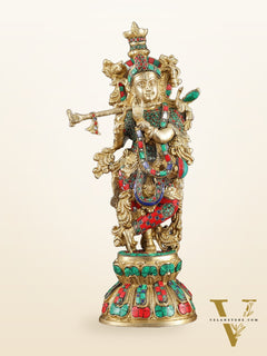 Brass Krishna Statue with Semi-Precious Stones – 18" Height, Fine Quality