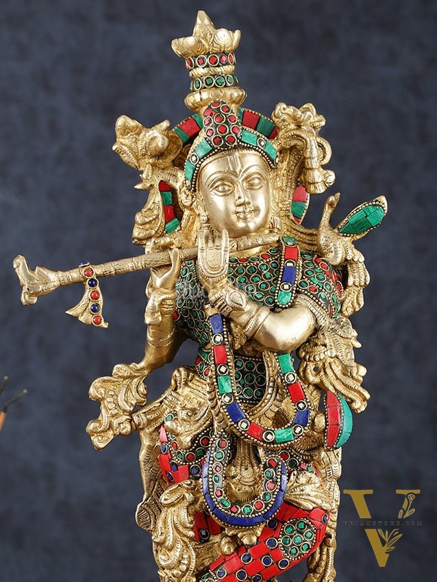 Brass Krishna Statue with Semi-Precious Stones – 18" Height, Fine Quality