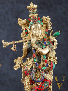 Brass Krishna Statue with Semi-Precious Stones – 18" Height, Fine Quality